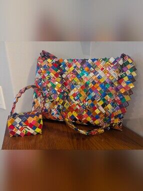 Vintage Y2K  Woven Candy Wrapper Large Shoulder Bag & Change Purse Wearable Art